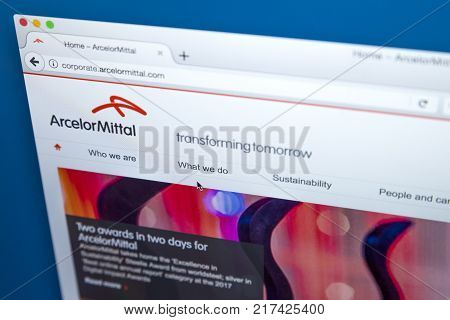 LONDON UK - OCTOBER 21ST 2017: The homepage of the official website for ArcelorMittal - the Luxembourg-based steel manufacturing corporation on 21st October 2017.