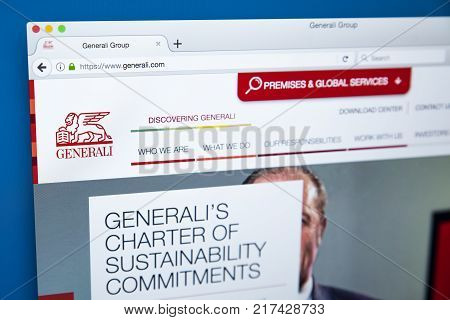 LONDON UK - OCTOBER 21ST 2017: The homepage of the official website for the Generali Group - the largest insurance company in Italy and third-largest in the world on 21st October 2017.