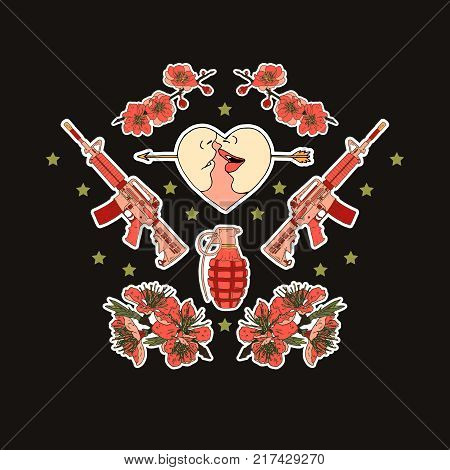 Military patch badges with rifles, eagle, flower and other elements. Set of stickers, pins, patches and handwritten notes collection in cartoon 80s-90s comic style.Vector stikers kit