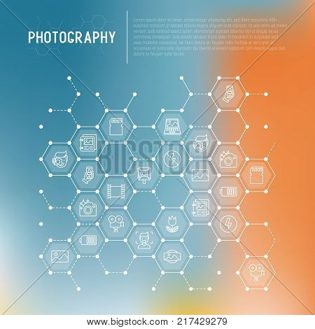 Photography concept in honeycombs with thin line icons of photographer, film, crop, flash, focus, light, panorama. Vector illustration for banner, web page, print media.