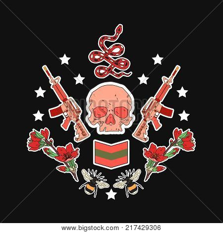 Military patch badges with rifles, eagle, flower and other elements. Set of stickers, pins, patches and handwritten notes collection in cartoon 80s-90s comic style.Vector stikers kit
