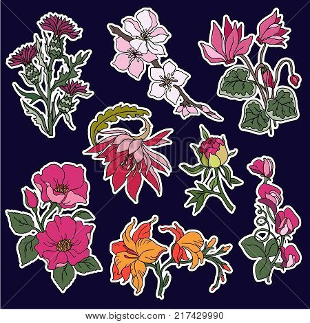 Set of roses and butterfly patches elements. Set of stickers, pins, patches and handwritten notes collection in cartoon 80s-90s comic style.Vector stikers kit