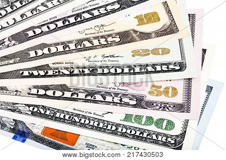 Banknotes of United States of America - dollars - ona one heap. High resolution photo.