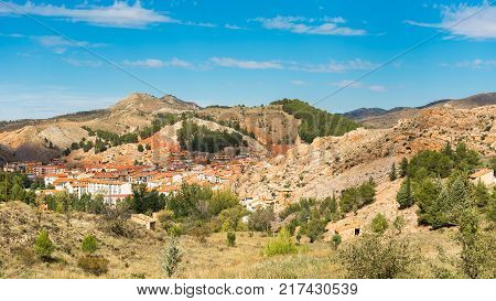 View Of The Mountain Landscape And The City Of Molina De Aragon, Guadalajara, Spain. Copy Space For