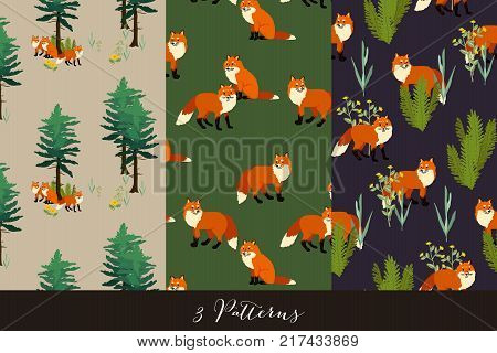 Set seamless fox and wood pattern isolated on background. Vector illustration