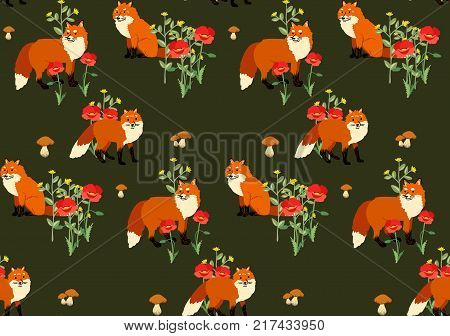 Seamless fox and wood pattern isolated on background. Vector illustration