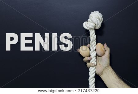 Written text: Penis. Man holding rope and two eggs as symbol of male penis on black surface