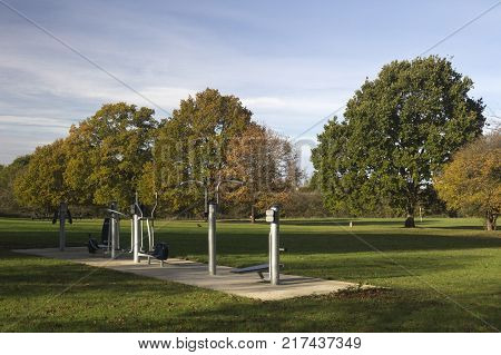 Outdoor gym equipment in Wickford Memorial Park Essex England