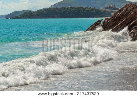 Seascape. Wave and foam. The sea is green. Adriatic Sea
