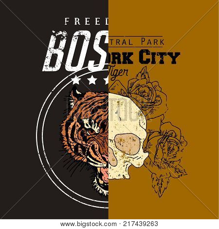 Skull and tiger head with roses. Freedom Boston New York slogan. Typography graphic print, fashion drawing for t-shirts .Vector stickers, print, patches vintage rock style
