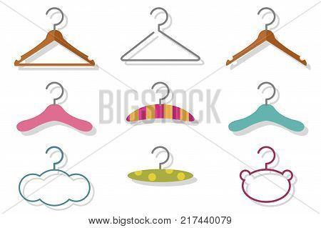 Fashion and baby clothes hanger vector cartoon flat icon set isolated on a white background.