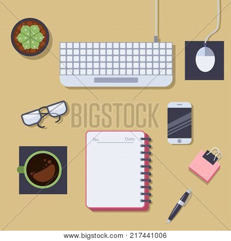 Office table top view. Vector flat illustration of a working wooden desk with a smartphone keyboard computer mouse pen notepad glasses cup of coffee and cactus.