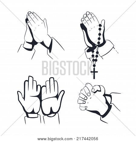 Praying hands with holy rosary beads vector icon set isolated on a white background.