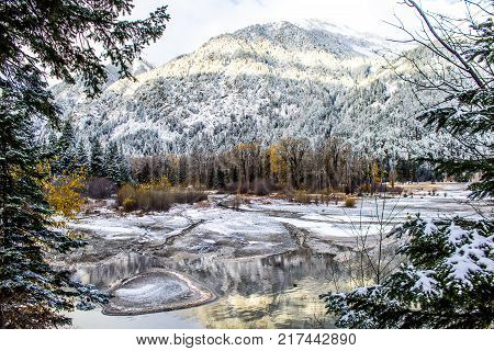 Frozen Wallowa Lake and Snowy Mountains in Oregon