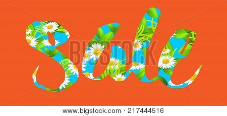 Summer or spring template for design banner, ticket, leaflet, card, poster and so on. Abstract foral orange seamless pattern. Sale floral lettering.