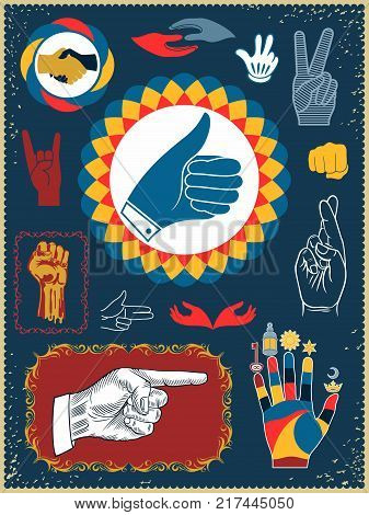 Set of vector hands. Compilation of gestures and styles. Icons, labels and frames.
