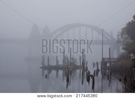 Old pilings on a foggy morning with the Siuslaw River Bridge in the background