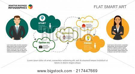 Three options management process chart slide template. Business data. Workflow, employee, design. Creative concept for infographic, project. Can be used for topics like strategy, planning, management.