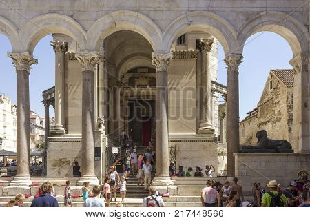 SPLIT, CROATIA - AUGUST 11 2017: Entrance to Saint Domnius Cathedral in Split with people around