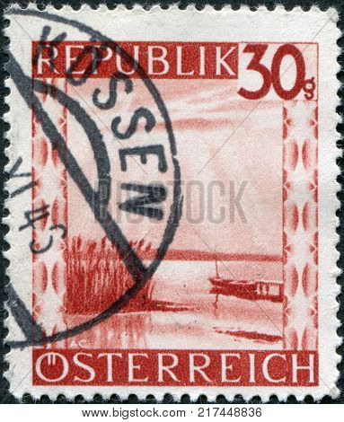 AUSTRIA - CIRCA 1945: A stamp printed in Austria shows Lake Neusiedl (Neusiedler See) circa 1945