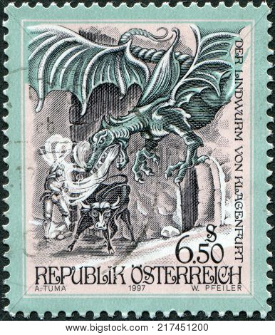 AUSTRIA - CIRCA 1997: A stamp printed in Austria shows the Dragon of Klagenfurt circa 1997