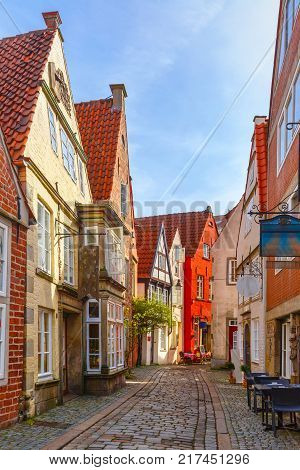 Medieval Bremen street Schnoor with half-timbered houses in the centre of the Hanseatic City of Bremen, Germany