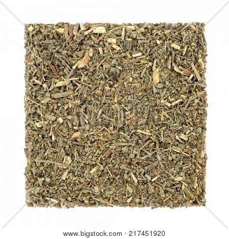 Wormwood leaf herb used in alternative herbal medicine to treat anorexia, indigestion and anaemia. Also an ingredient in the spirit absinthe. Artemesia absinthium.