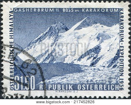 AUSTRIA - CIRCA 1957: A stamp printed in Austria shows the Himalayan Karakorum Range and Mount Gasherbrum II circa 1957