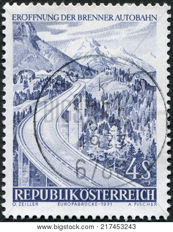 AUSTRIA - CIRCA 1971: A stamp printed in Austria devoted to the Opening of highway over Brenner Pass is shown Europa Bridge circa 1971
