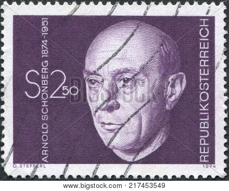 AUSTRIA - CIRCA 1974: A stamp printed in Austria is depicted Arnold Schonberg composer circa 1974