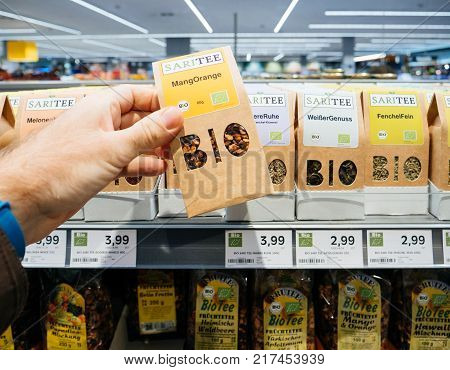 FRANKFURT GERMANY - NOV 25 2017: German supermarket traditional bio organic tea with large BIO inscription