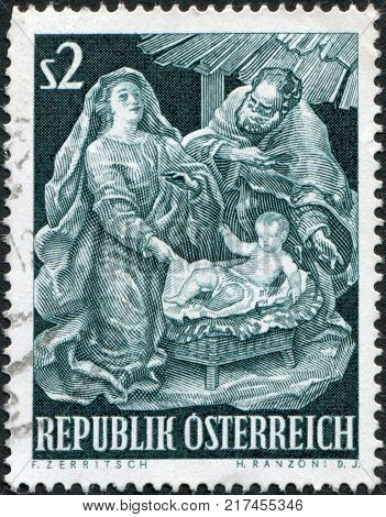 AUSTRIA - CIRCA 1963: A stamp printed in Austria shows a Baroque Creche by Josef Thaddaus Stammel Christmas circa 1963