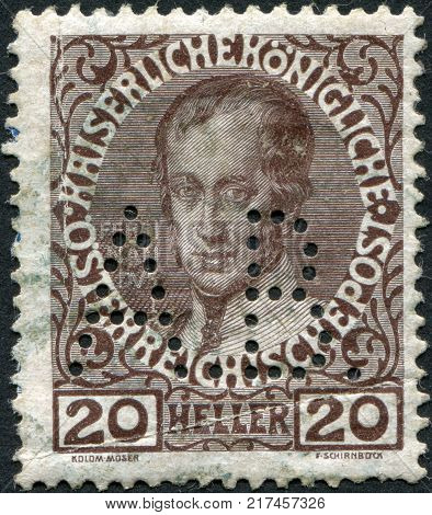 AUSTRIA - CIRCA 1908: A stamp printed in Austria is shown Ferdinand I of Austria (Perfin AB - Armin Bondi a transport company) circa 1908