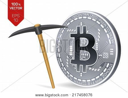 Bitcoin mining concept. 3D isometric Physical bit coin with pickaxe. Digital currency. Cryptocurrency. Silver coin with bitcoin symbol isolated on white background. Vector illustration