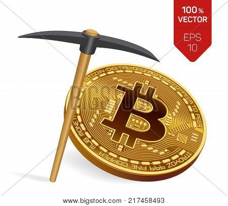 Bitcoin mining concept. 3D isometric Physical bit coin with pickaxe. Digital currency. Cryptocurrency. Golden coin with bitcoin symbol isolated on white background. Vector illustration
