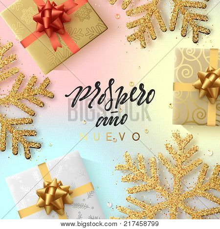 Spanish text Prospero ano Nuevo. Christmas background with shining gold snowflakes and gift box.
