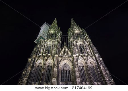 Close-up of the beautiful Cologne Cathedral at Night. In Germany Cologne 2017