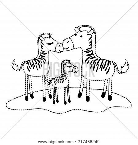 zebras couple and foal over grass in black dotted contour vector illustration