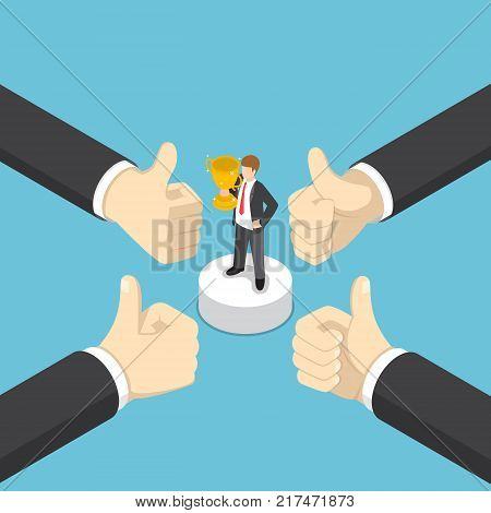 Flat 3d isometric businessman hands show thumb up finger gesture to business winner. Business success concept.