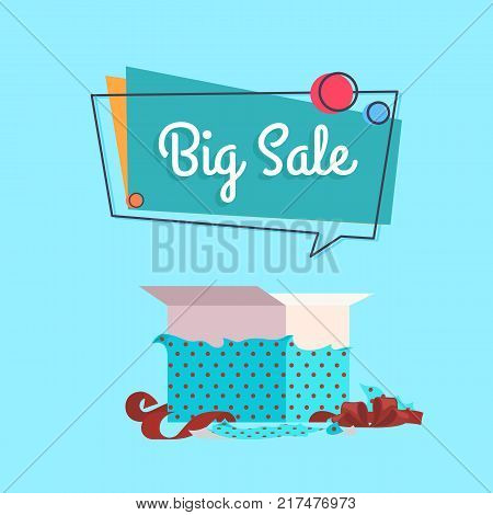 Open gift box in dotted wrapping paper and red decorative tape and big sale inscription vector isolated on blue background, special offer concept