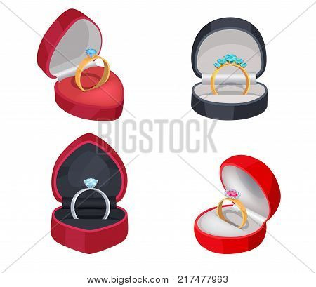 Set of four rings with blue and red precious stones in ruddy and black gift boxes, vector illustration on white background of wedding accessories