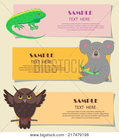 Vector illustration of bright green iguana, gray koala and brown owl with spread wings. Concept of three horizontal beasts on kids cards. Colorful teaching typography for children cartoon style.