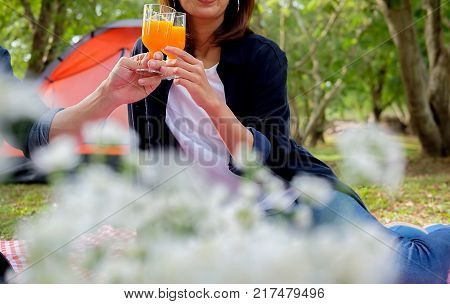 Picnic concept. Happy young asian friends having fun while eating and drinking at a picnic. Enjoying outdoor picnic in garden.