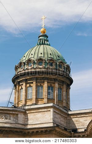 Dome Kazansky Cathedral - Saint Petersburg, touristic landmark in Russia, telephoto