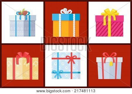 Presents wrapped in paper with bows, topped by pine cones and tapes, gift boxes vector illustration isolated on white background, boxing packs set