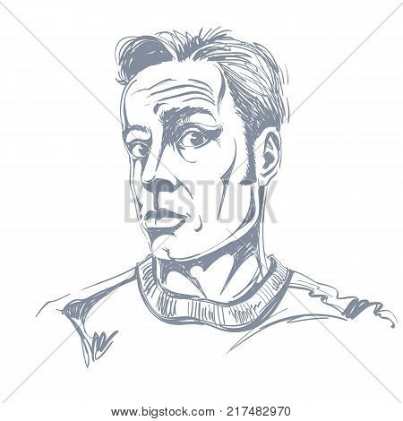 Hand-drawn vector illustration of shocked man disbeliever theme. Monochrome image expressions on face of young man.