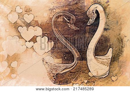 artistic  swan in love with heart for holidays
