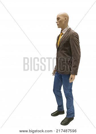 Full-lens male mannequin wearing brown suede jacket and blue jeans isolated on white background. No brand names or copyright objects.