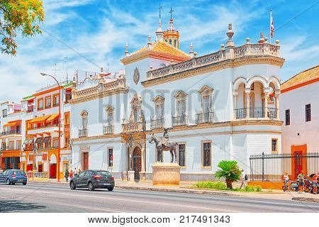 Outdoor View Of Arena On Of Square Of Bulls Royal Maestranza Of Cavalry In Seville. Spain.