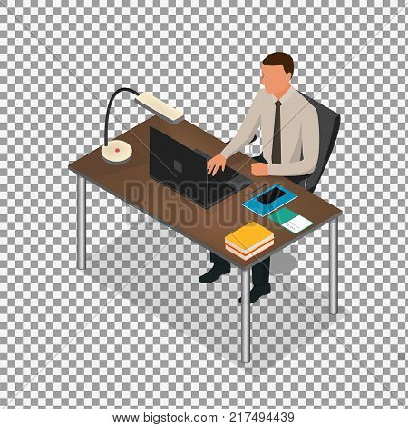 Isometric business people concept  on transparent background. man studding. Isometric office: table, laptop, books, notebook. - stock vector
